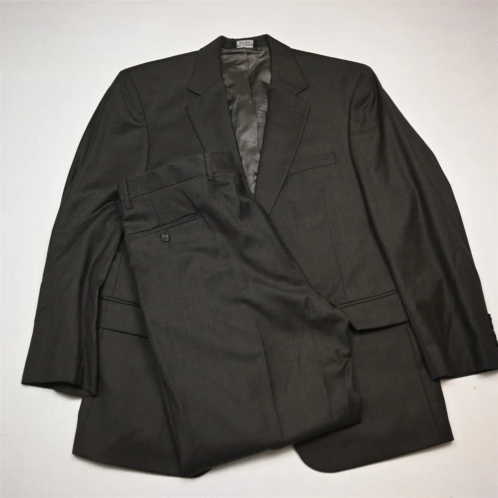 Jos A Bank 43R 36x30 Olive Green Windowpane 100% Wool Gordon Mens Suit